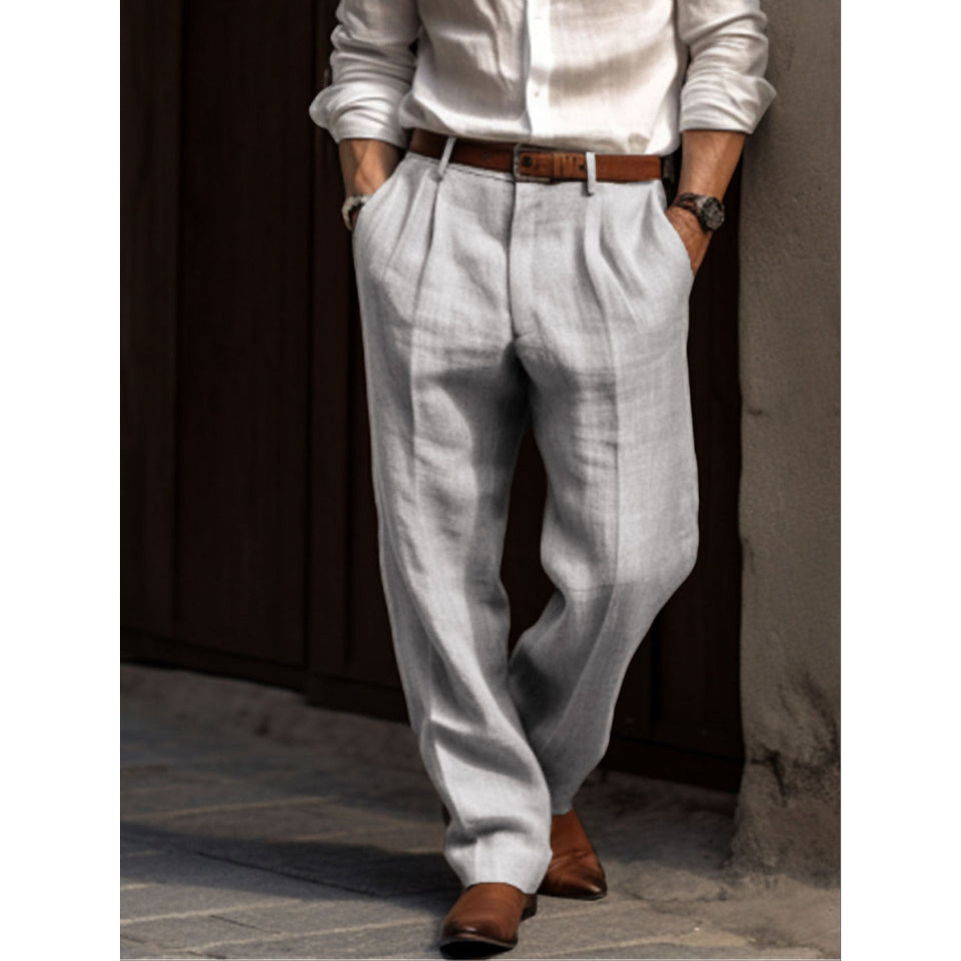 Linen Pants - Relaxed Fit - Summer - Pleated Trousers - Men's Trousers-Trousers-Chaps of London-Gray-S-Chaps of London