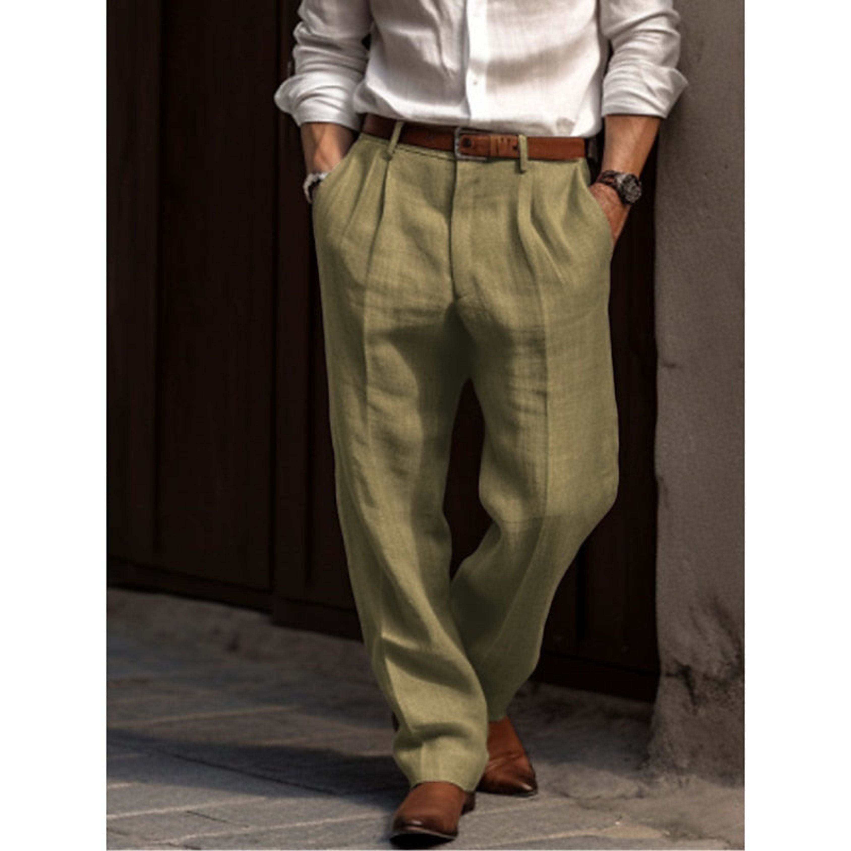 Linen Pants - Relaxed Fit - Summer - Pleated Trousers - Men's Trousers-Trousers-Chaps of London-Green-S-Chaps of London