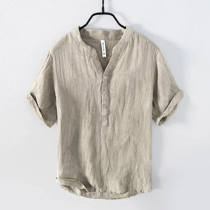Linen Shirt - Button-Up - Lightweight - Short Sleeve Shirt - Men's Shirts-Chaps of London-Khaki-M-Chaps of London