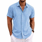 Linen Shirt - Collared | Button-Up | Short Sleeve Shirt | Men's Shirts-Blouses_M-Chaps of London-Light Blue-S-Chaps of London