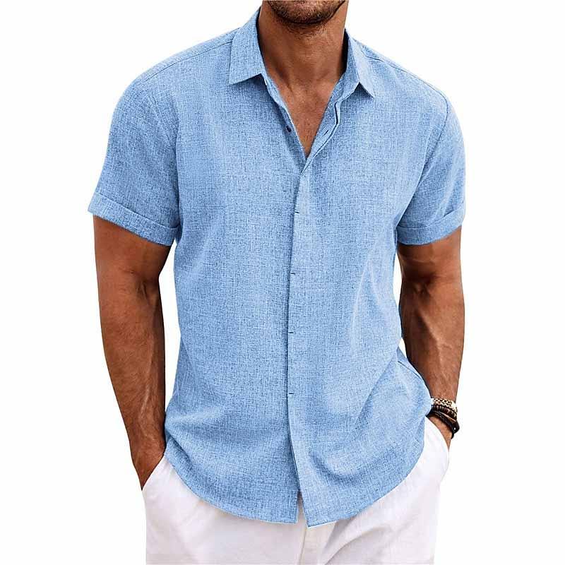 Linen Shirt - Collared | Button-Up | Short Sleeve Shirt | Men's Shirts-Blouses_M-Chaps of London-Light Blue-S-Chaps of London