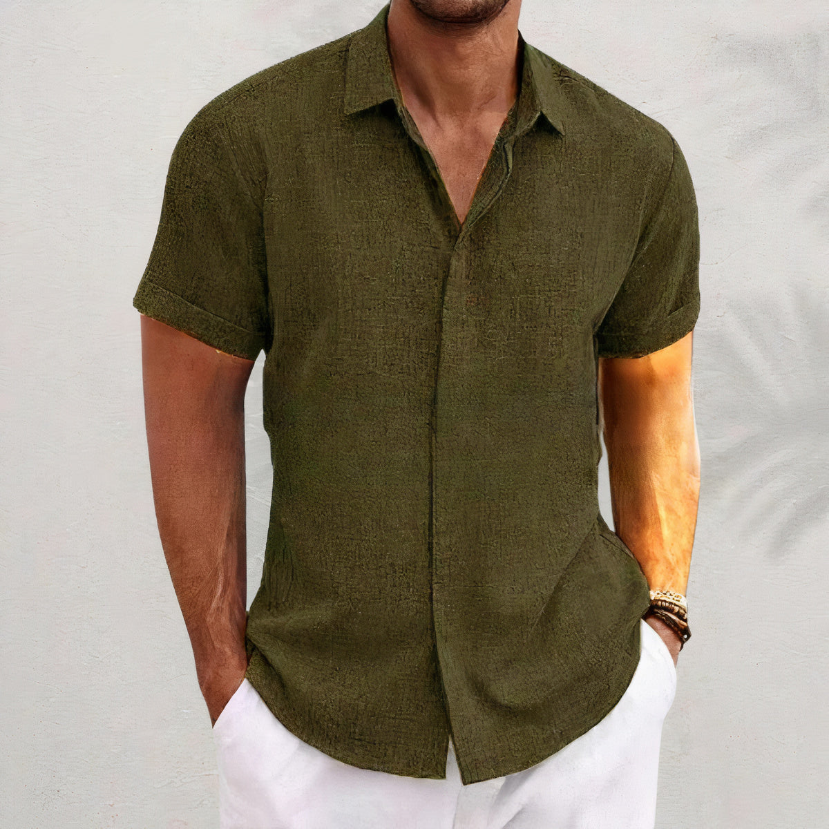 Linen Shirt - Collared | Button-Up | Short Sleeve Shirt | Men's Shirts-Blouses_M-Chaps of London-Olive Green-S-Chaps of London