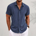 Linen Shirt - Collared | Button-Up | Short Sleeve Shirt | Men's Shirts-Blouses_M-Chaps of London-Royal Blue-S-Chaps of London