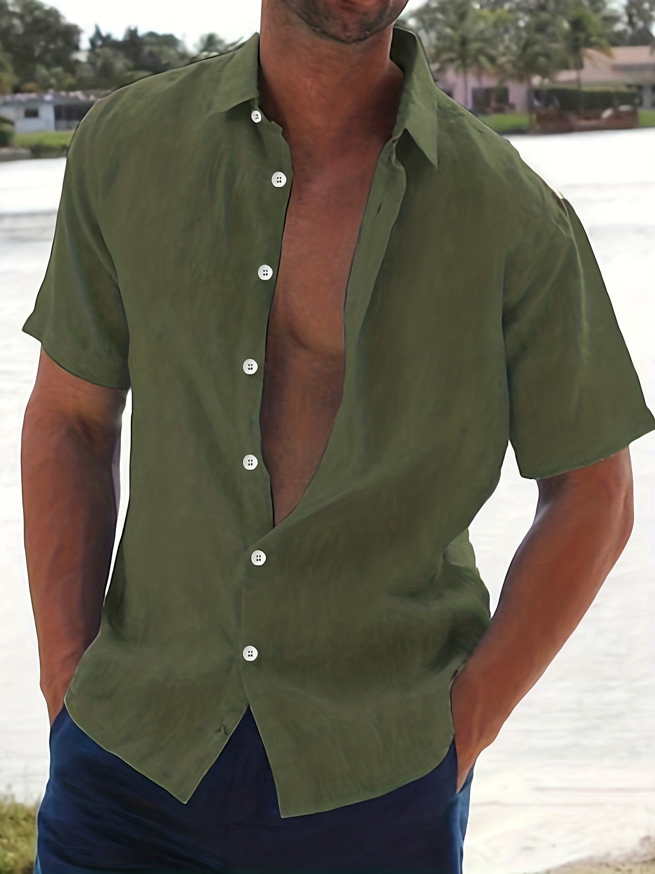 Linen Shirt - Cotton - Short Sleeve - Button-Up Shirt - Men's Clothing-Men Shirts-Chaps of London-Army Green-M-Chaps of London