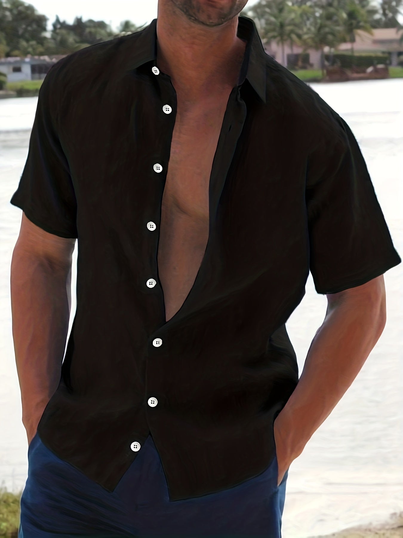 Linen Shirt - Cotton - Short Sleeve - Button-Up Shirt - Men's Clothing-Men Shirts-Chaps of London-Black-M-Chaps of London