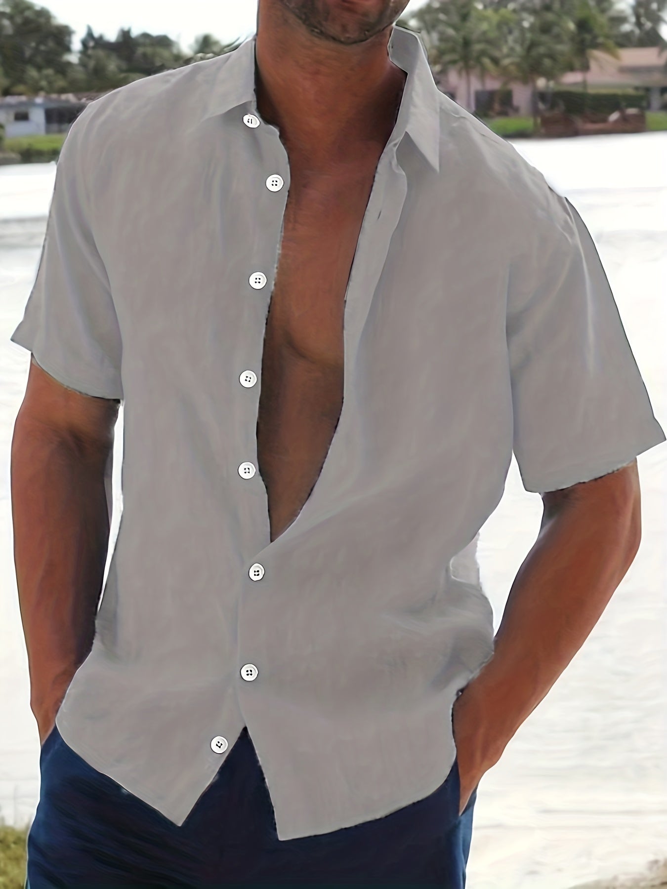 Linen Shirt - Cotton - Short Sleeve - Button-Up Shirt - Men's Clothing-Men Shirts-Chaps of London-Gray-M-Chaps of London