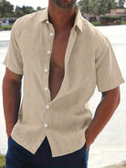 Linen Shirt - Cotton - Short Sleeve - Button-Up Shirt - Men's Clothing-Men Shirts-Chaps of London-Khaki-M-Chaps of London