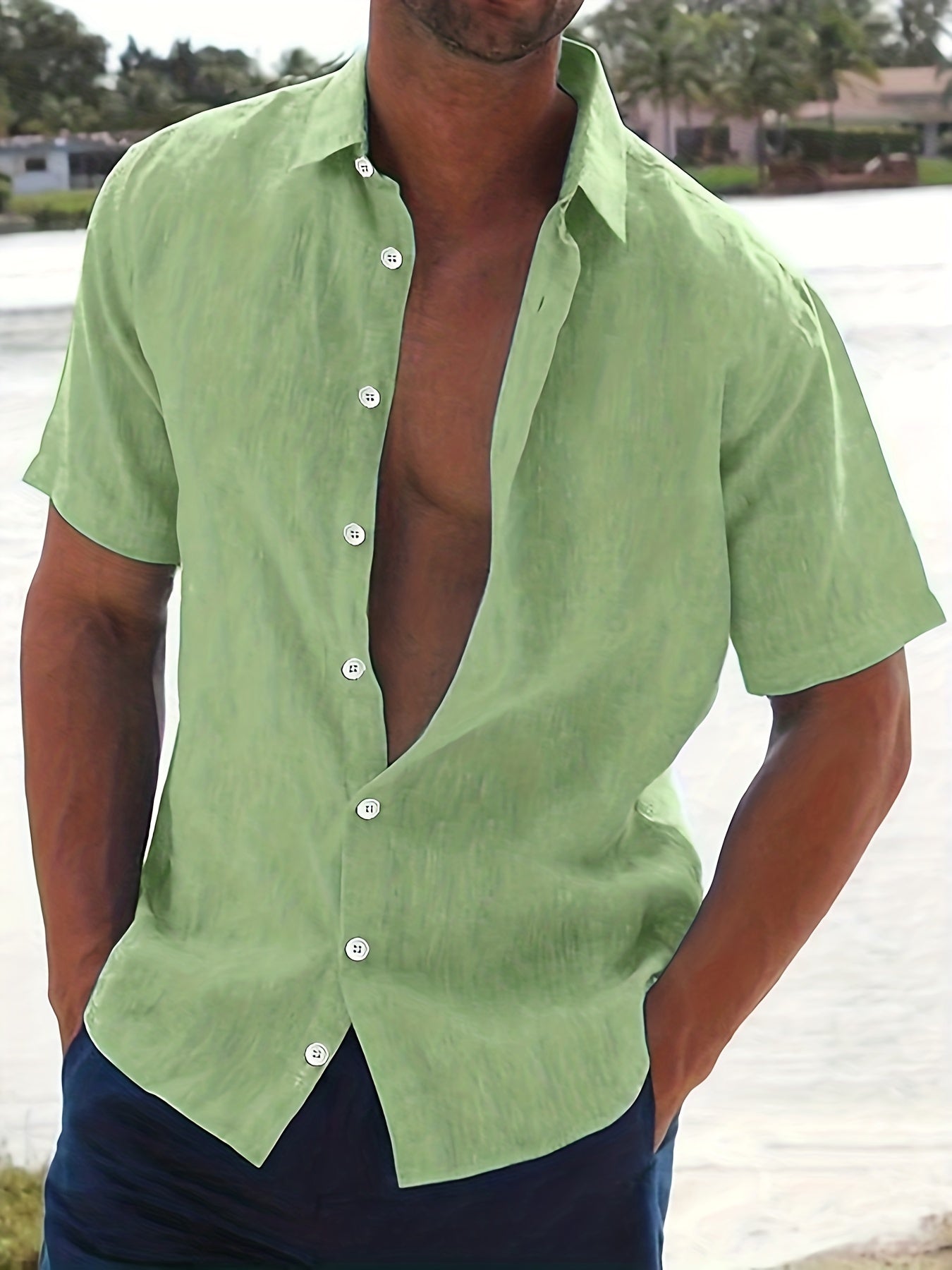 Linen Shirt - Cotton - Short Sleeve - Button-Up Shirt - Men's Clothing-Men Shirts-Chaps of London-Light Green-M-Chaps of London