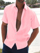 Linen Shirt - Cotton - Short Sleeve - Button-Up Shirt - Men's Clothing-Men Shirts-Chaps of London-Pink-M-Chaps of London