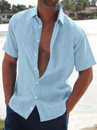 Linen Shirt - Cotton - Short Sleeve - Button-Up Shirt - Men's Clothing-Men Shirts-Chaps of London-Sky Blue-M-Chaps of London