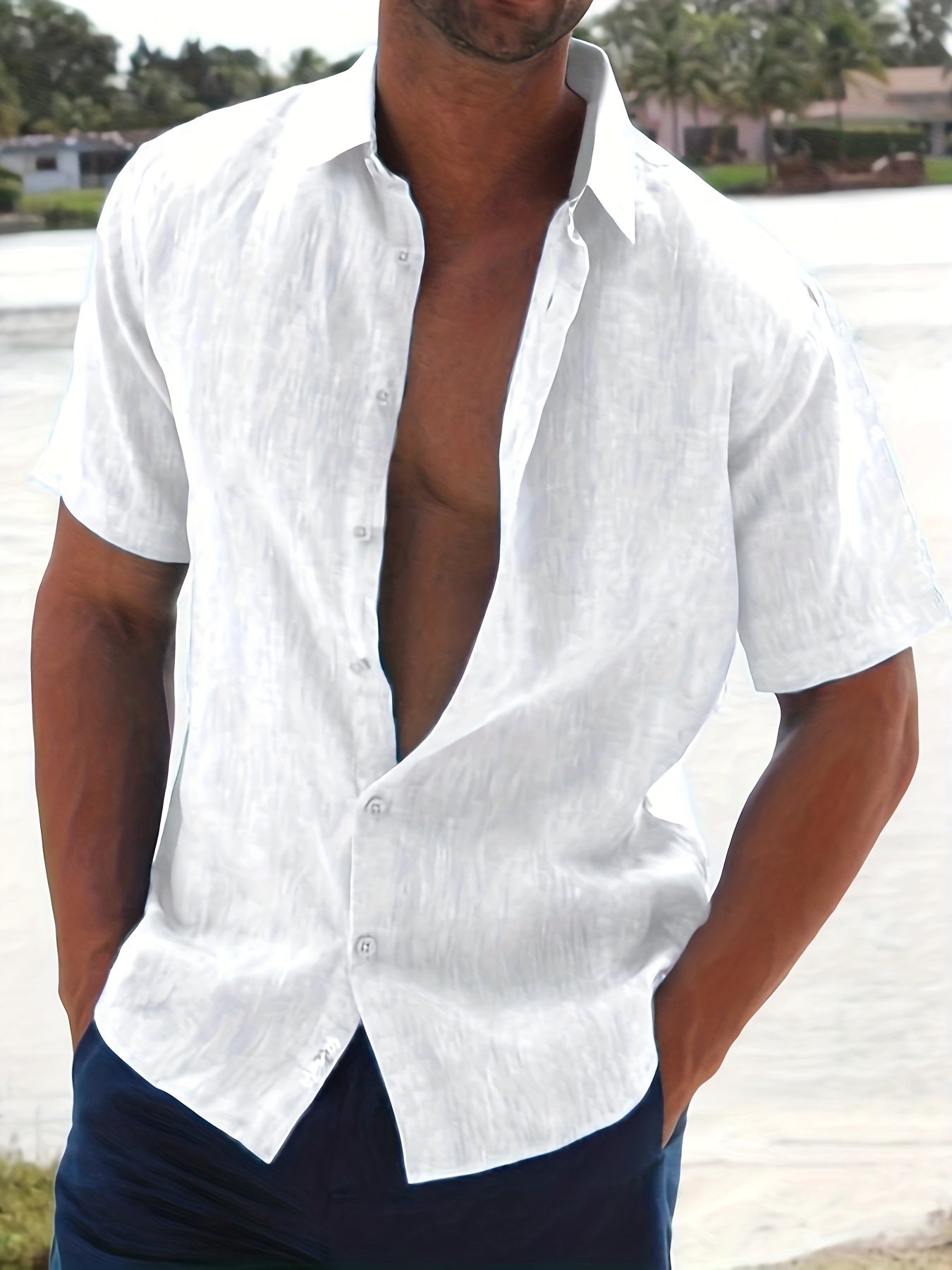 Linen Shirt - Cotton - Short Sleeve - Button-Up Shirt - Men's Clothing-Men Shirts-Chaps of London-White-M-Chaps of London