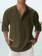 Linen Shirt | Half Button | Lightweight | Long Sleeve Shirt | Men's Shirts-Chaps of London-Army Green-S-Chaps of London
