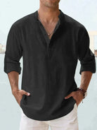 Linen Shirt | Half Button | Lightweight | Long Sleeve Shirt | Men's Shirts-Chaps of London-Black-S-Chaps of London