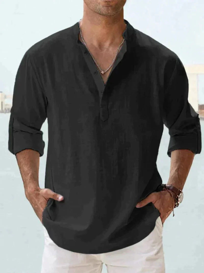 Linen Shirt | Half Button | Lightweight | Long Sleeve Shirt | Men's Shirts-Chaps of London-Black-S-Chaps of London