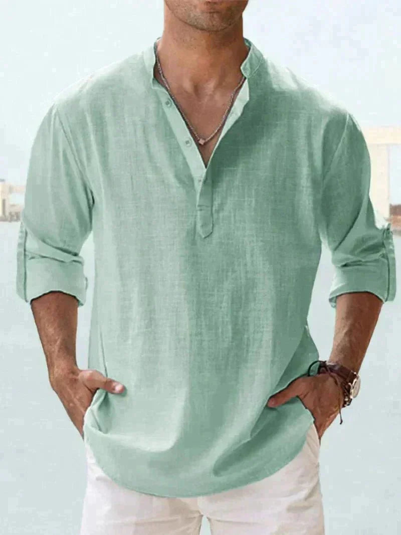 Linen Shirt | Half Button | Lightweight | Long Sleeve Shirt | Men's Shirts-Chaps of London-Green-S-Chaps of London