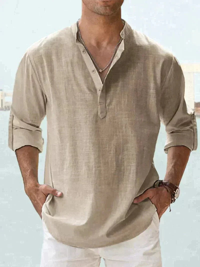 Linen Shirt | Half Button | Lightweight | Long Sleeve Shirt | Men's Shirts-Chaps of London-Khaki-S-Chaps of London