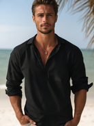 Linen Shirt | Half Button | Long Sleeve | Summer Shirt | Men's Shirt-Men Shirt-Chaps of London-Black-S-Chaps of London