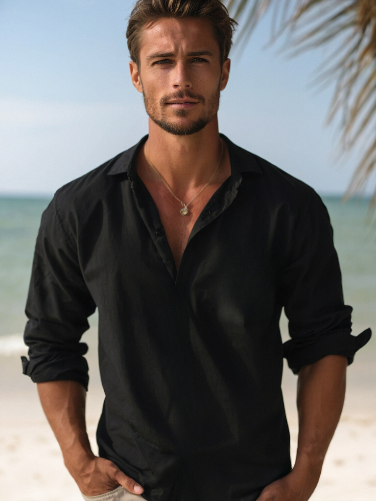 Linen Shirt | Half Button | Long Sleeve | Summer Shirt | Men's Shirt-Men Shirt-Chaps of London-Black-S-Chaps of London