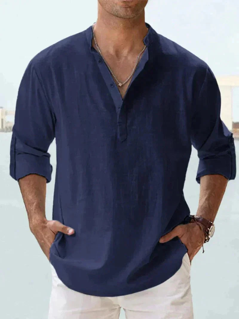 Linen Shirt | Half Button | Long Sleeve | Summer Shirt | Men's Shirt-Men Shirt-Chaps of London-Dark Blue-S-Chaps of London