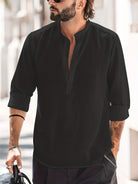Linen Shirt - Half Buttoned - Long Sleeve - Summer Shirt - Men's Shirt-Blouses_M-Chaps of London-Black-S-Chaps of London