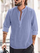 Linen Shirt - Half Buttoned - Long Sleeve - Summer Shirt - Men's Shirt-Blouses_M-Chaps of London-Dark Blue-S-Chaps of London