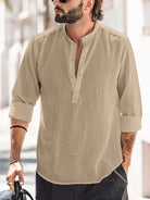 Linen Shirt - Half Buttoned - Long Sleeve - Summer Shirt - Men's Shirt-Blouses_M-Chaps of London-Khaki-S-Chaps of London