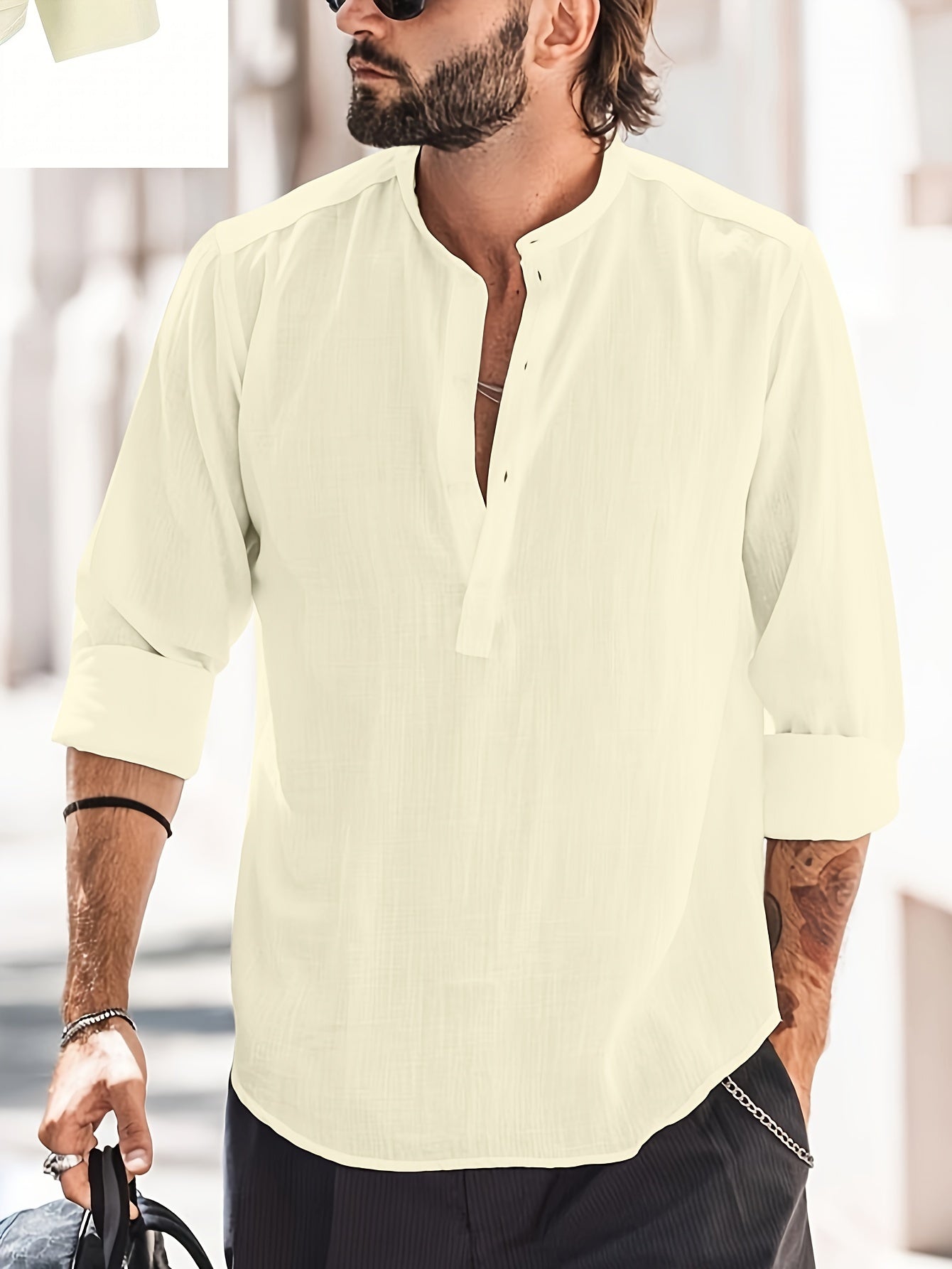Linen Shirt - Half Buttoned - Long Sleeve - Summer Shirt - Men's Shirt-Blouses_M-Chaps of London-Yellow-S-Chaps of London