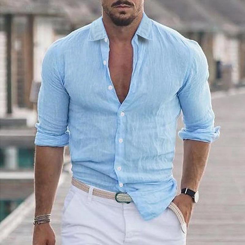 Linen Shirt - Long Sleeve - Lightweight - Button-Up Shirt - Men's Shirts-Men's Top-Chaps of London-Blue-S-Chaps of London