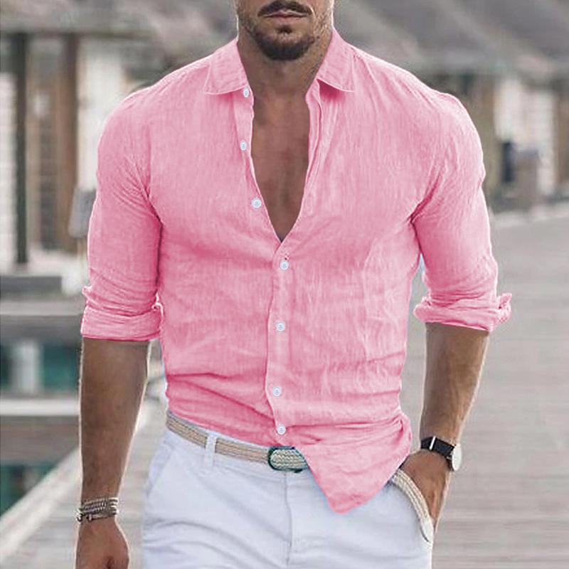 Linen Shirt - Long Sleeve - Lightweight - Button-Up Shirt - Men's Shirts-Men's Top-Chaps of London-Pink-S-Chaps of London