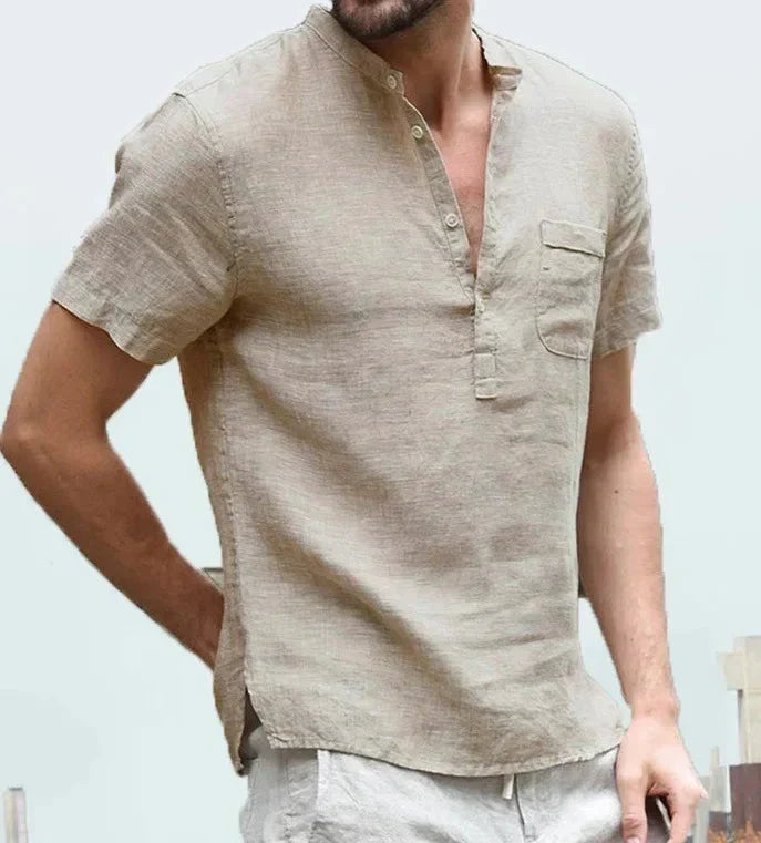 Linen Shirt - Men's Casual Lightweight Short Sleeve T-Shirt-Chaps of London-Beige-S-Chaps of London
