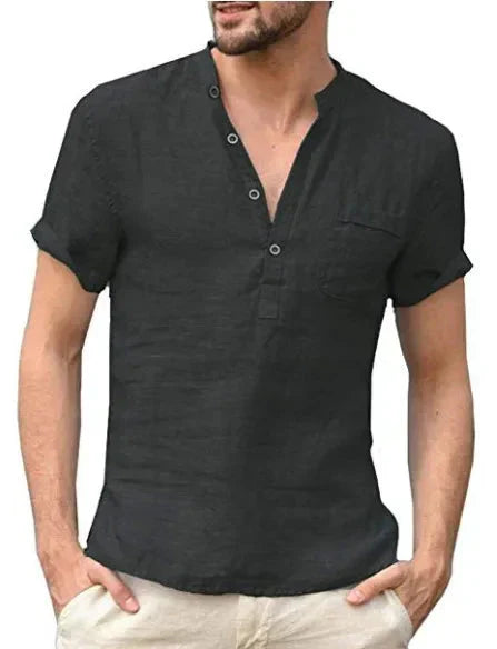 Linen Shirt - Men's Casual Lightweight Short Sleeve T-Shirt-Chaps of London-Black-S-Chaps of London