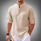 Linen Shirt - Men's Lightweight Cotton Half Button Shirt-Chaps of London-Beige-S-Chaps of London