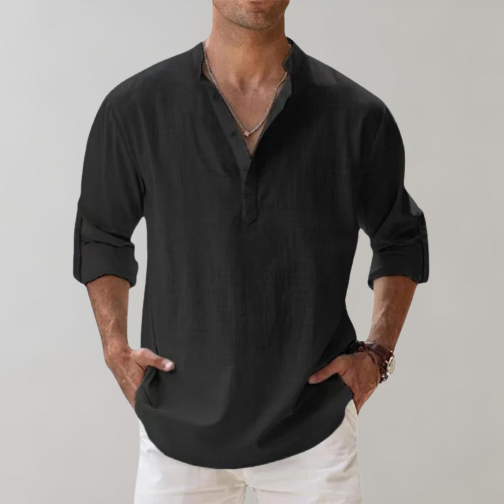 Linen Shirt - Men's Lightweight Half Button-Up Long Sleeve Summer Shirt-Chaps of London-Black-S-Chaps of London