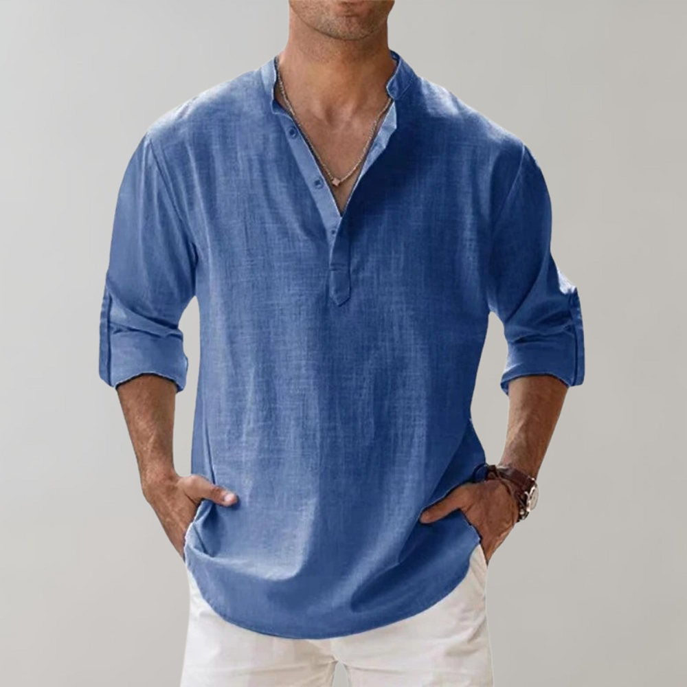 Linen Shirt - Men's Lightweight Half Button-Up Long Sleeve Summer Shirt-Chaps of London-Blue-S-Chaps of London