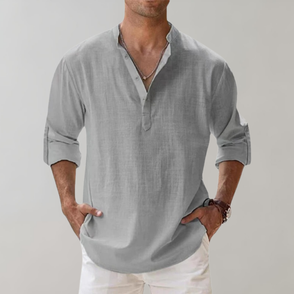 Linen Shirt - Men's Lightweight Half Button-Up Long Sleeve Summer Shirt-Chaps of London-Grey-S-Chaps of London