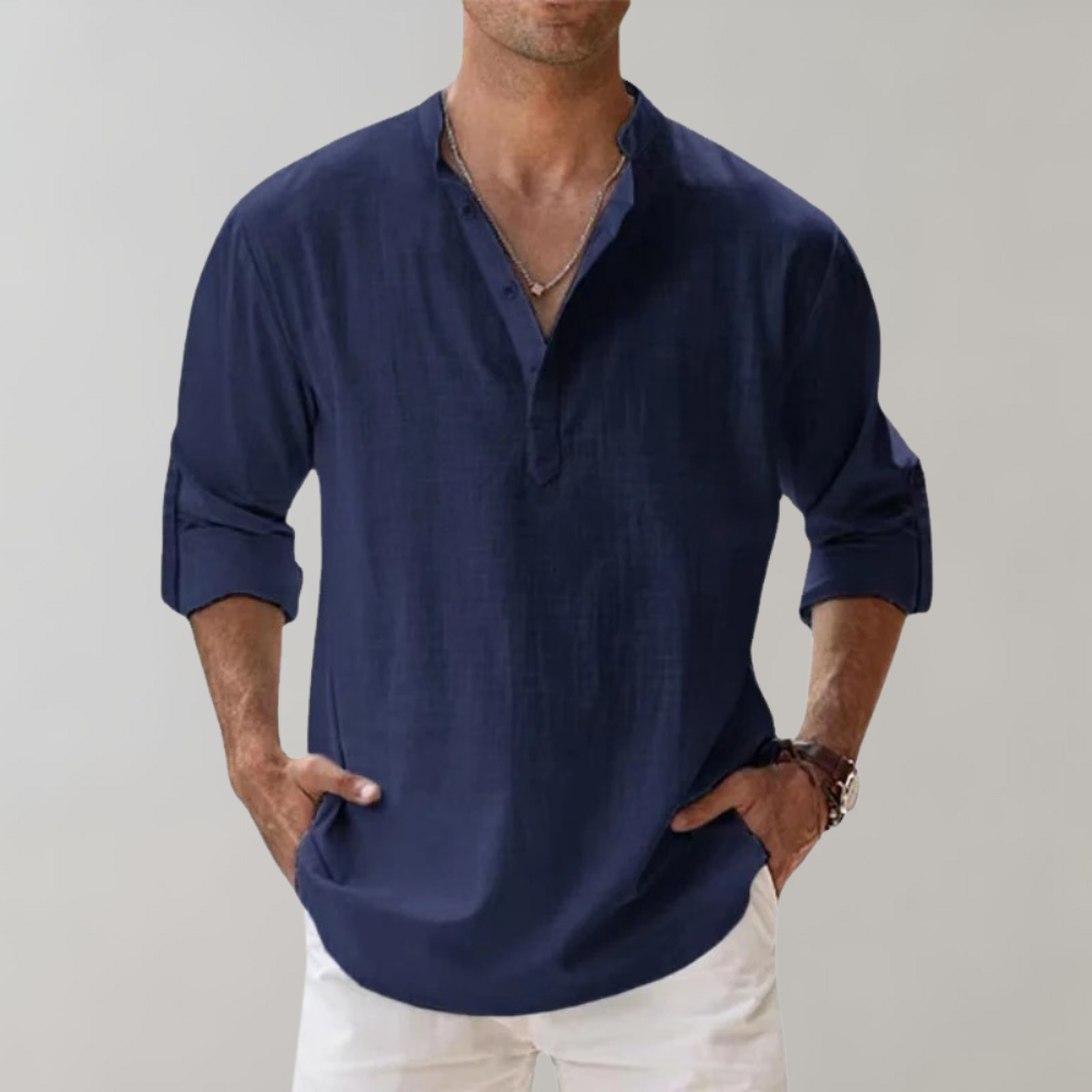 Linen Shirt - Men's Lightweight Half Button-Up Long Sleeve Summer Shirt-Chaps of London-Navy Blue-S-Chaps of London