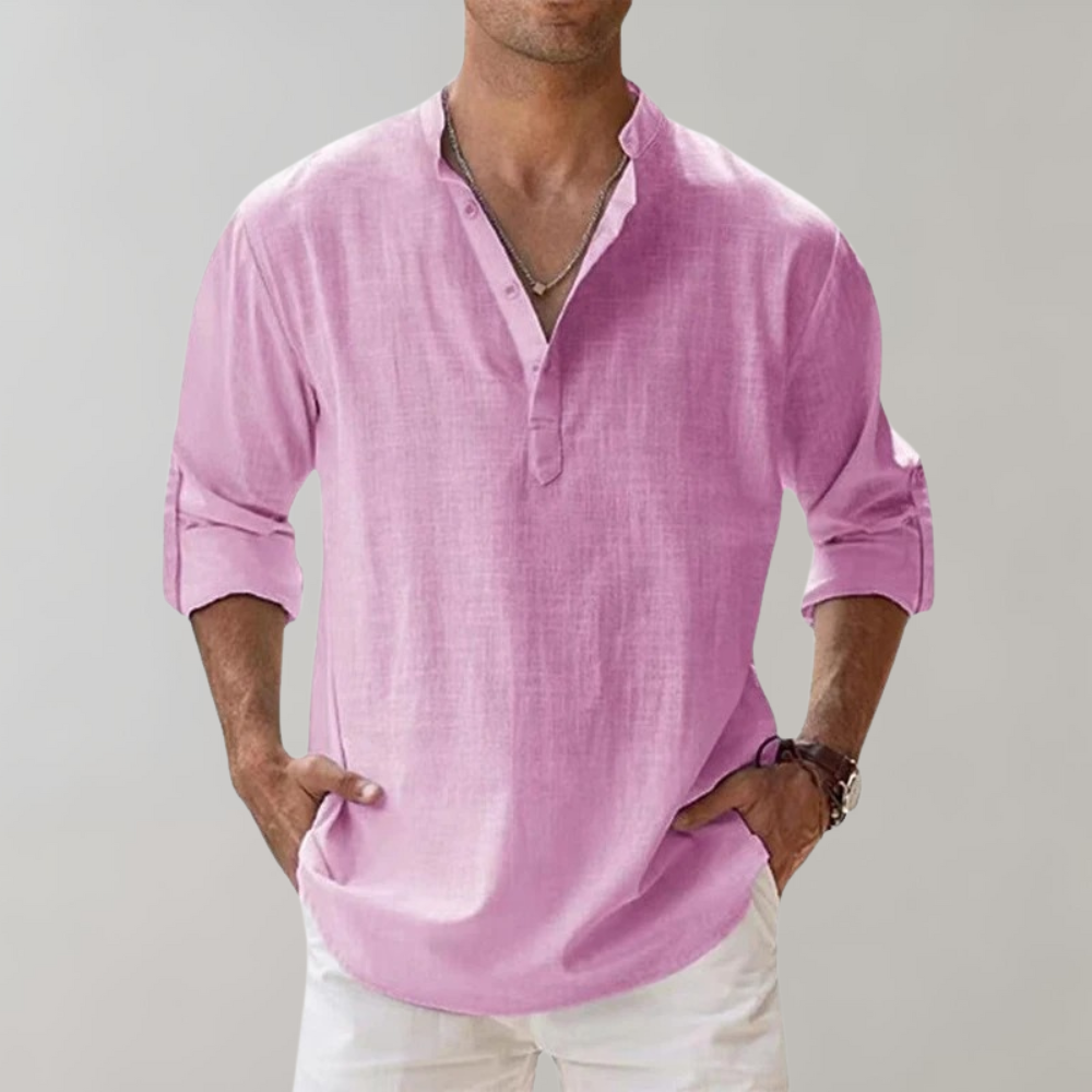 Linen Shirt - Men's Lightweight Half Button-Up Long Sleeve Summer Shirt-Chaps of London-Pink-S-Chaps of London