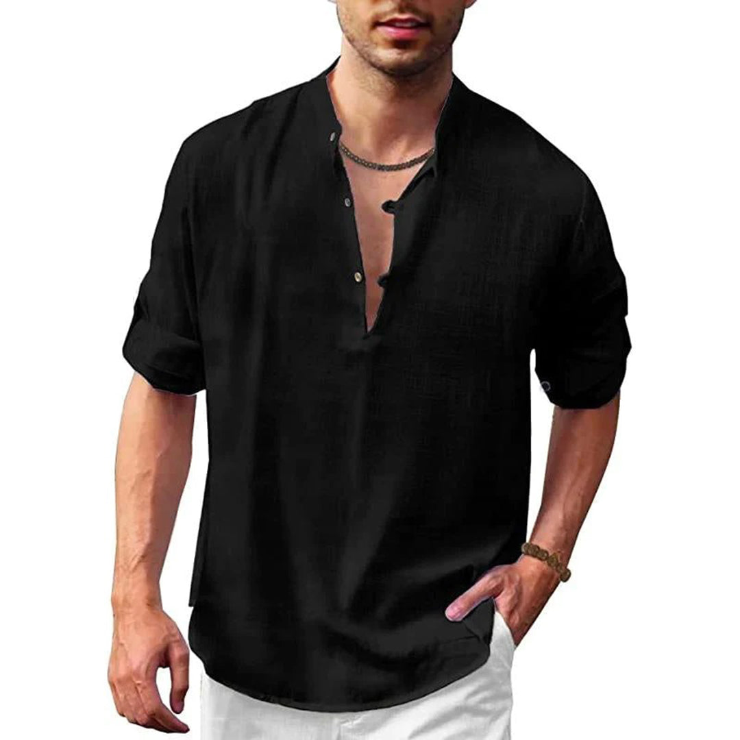 Linen Shirt - Men's Loose Fit Lightweight V-Neck Summer Shirt-Chaps of London-Black-S-Chaps of London
