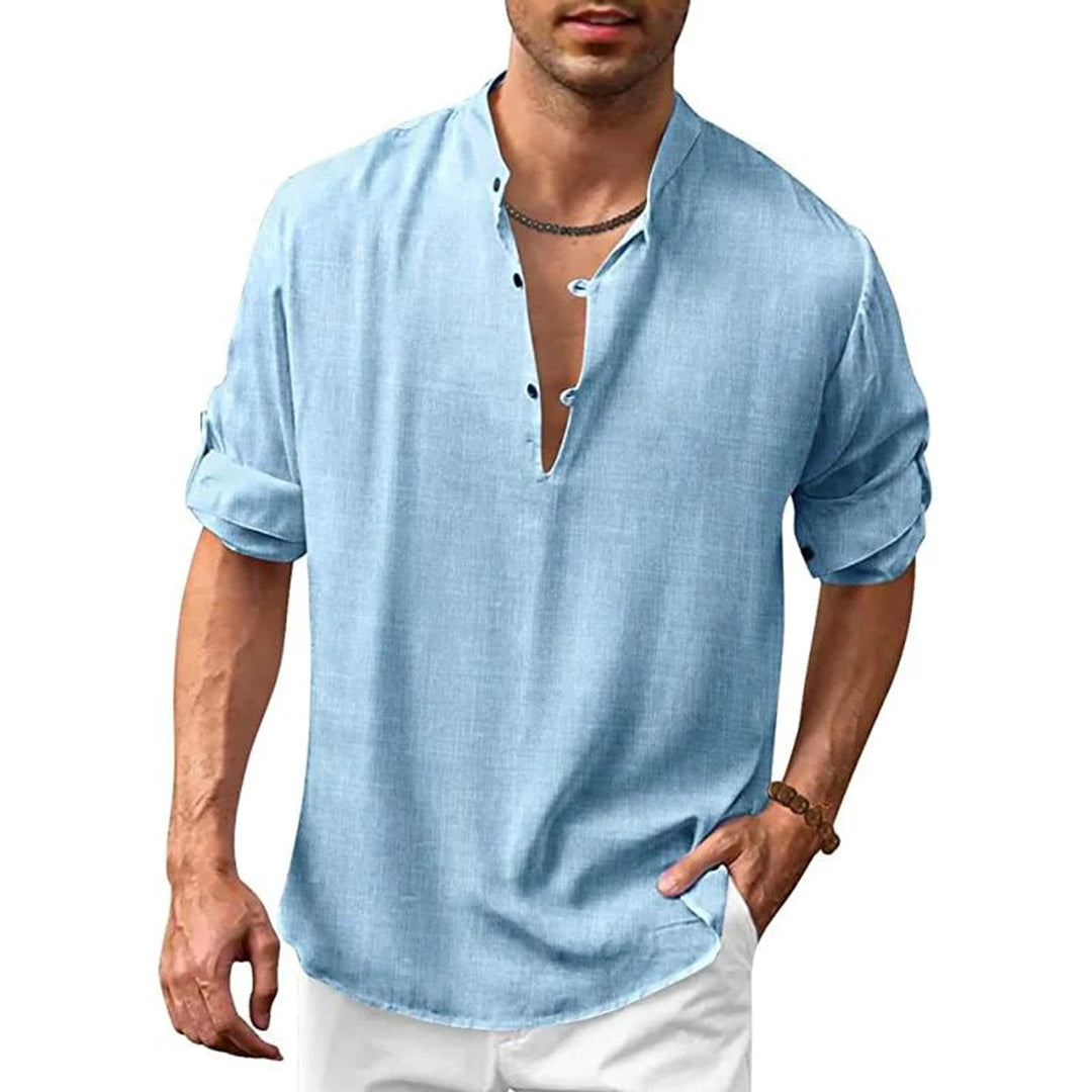 Linen Shirt - Men's Loose Fit Lightweight V-Neck Summer Shirt-Chaps of London-Blue-S-Chaps of London