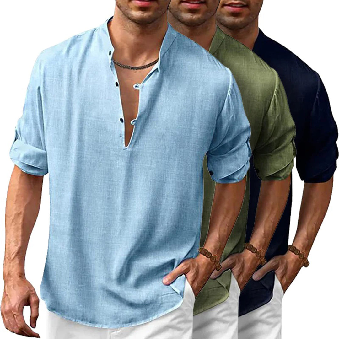 Linen Shirt - Men's Loose Fit Lightweight V-Neck Summer Shirt-Chaps of London-Chaps of London