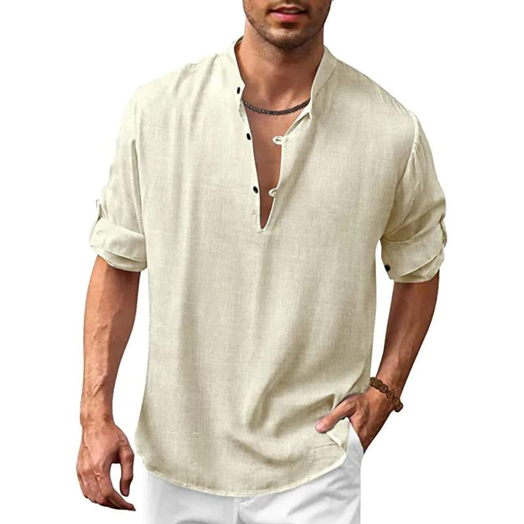 Linen Shirt - Men's Loose Fit Lightweight V-Neck Summer Shirt-Chaps of London-Cream-S-Chaps of London
