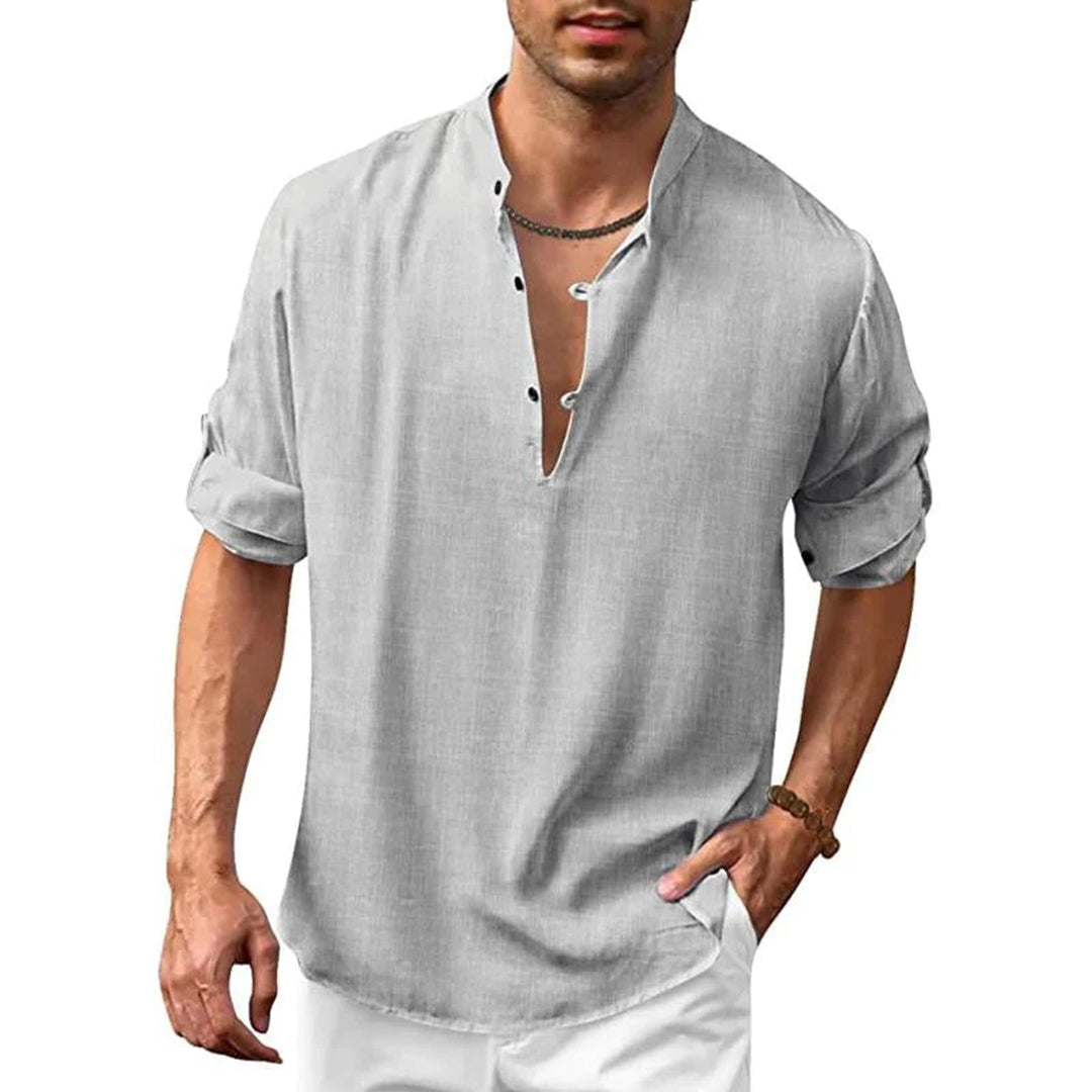 Linen Shirt - Men's Loose Fit Lightweight V-Neck Summer Shirt-Chaps of London-Gray-S-Chaps of London