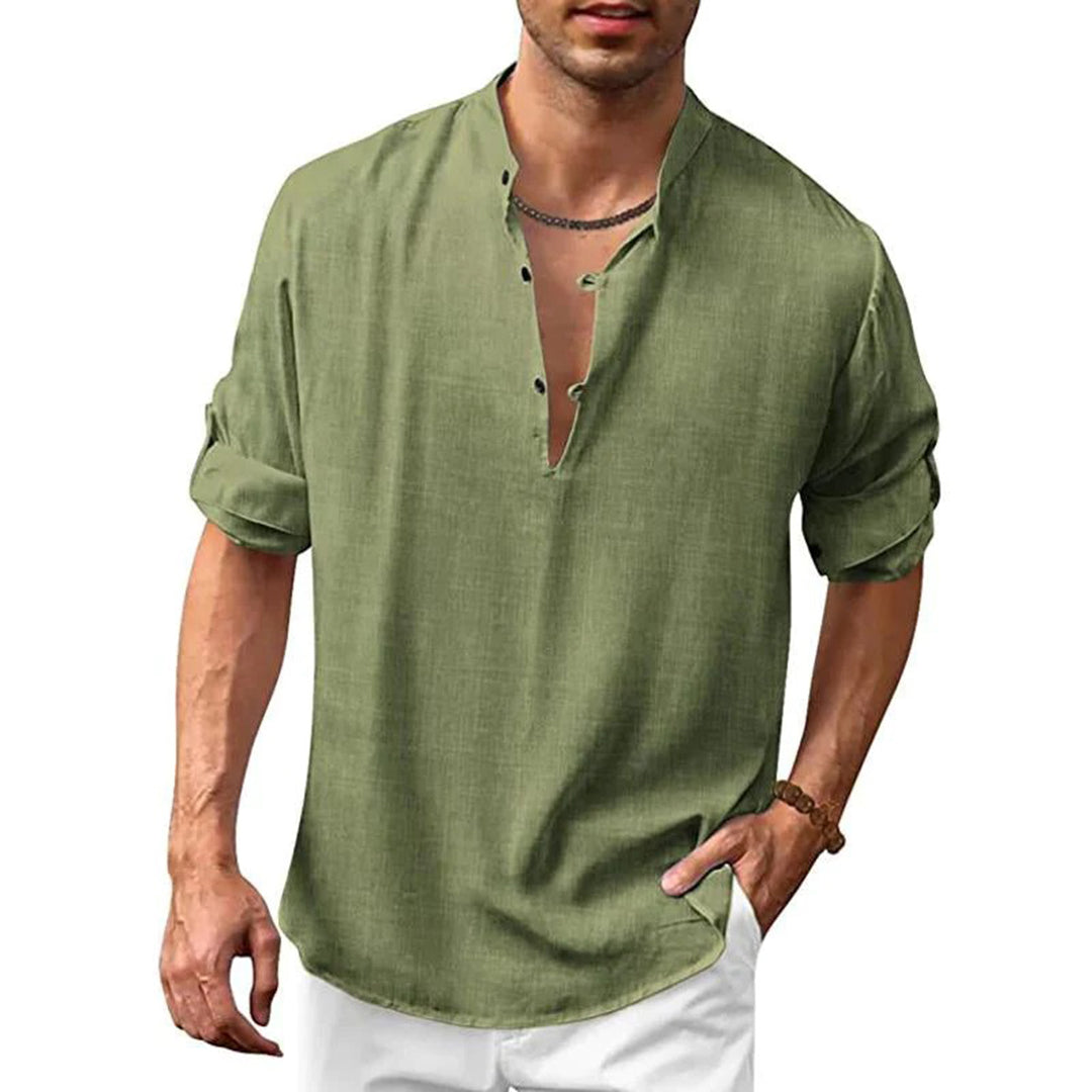 Linen Shirt - Men's Loose Fit Lightweight V-Neck Summer Shirt-Chaps of London-Green-S-Chaps of London