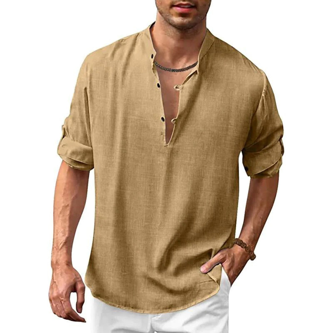 Linen Shirt - Men's Loose Fit Lightweight V-Neck Summer Shirt-Chaps of London-Khaki-S-Chaps of London