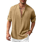 Linen Shirt - Men's Loose Fit Lightweight V-Neck Summer Shirt-Chaps of London-Khaki-S-Chaps of London