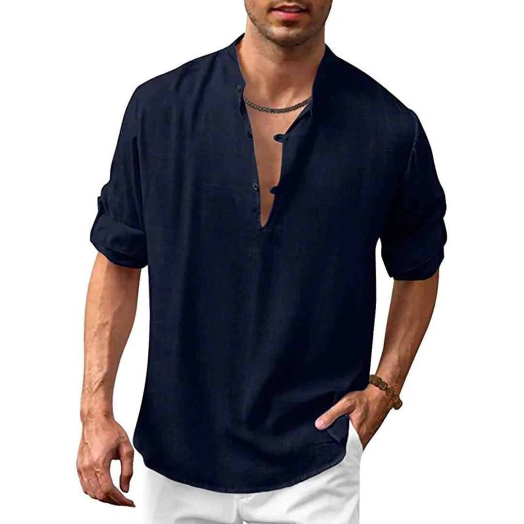 Linen Shirt - Men's Loose Fit Lightweight V-Neck Summer Shirt-Chaps of London-Navy Blue-S-Chaps of London