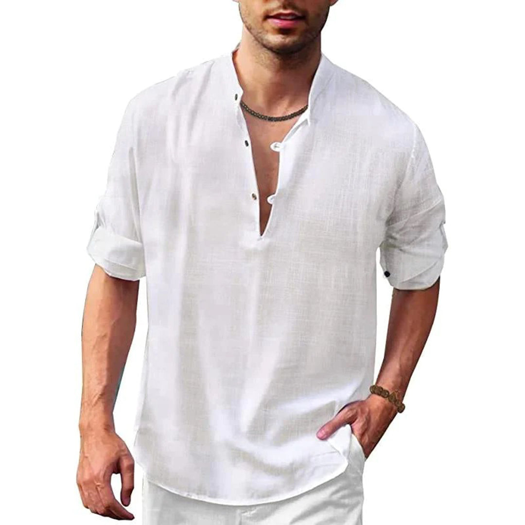 Linen Shirt - Men's Loose Fit Lightweight V-Neck Summer Shirt-Chaps of London-White-S-Chaps of London
