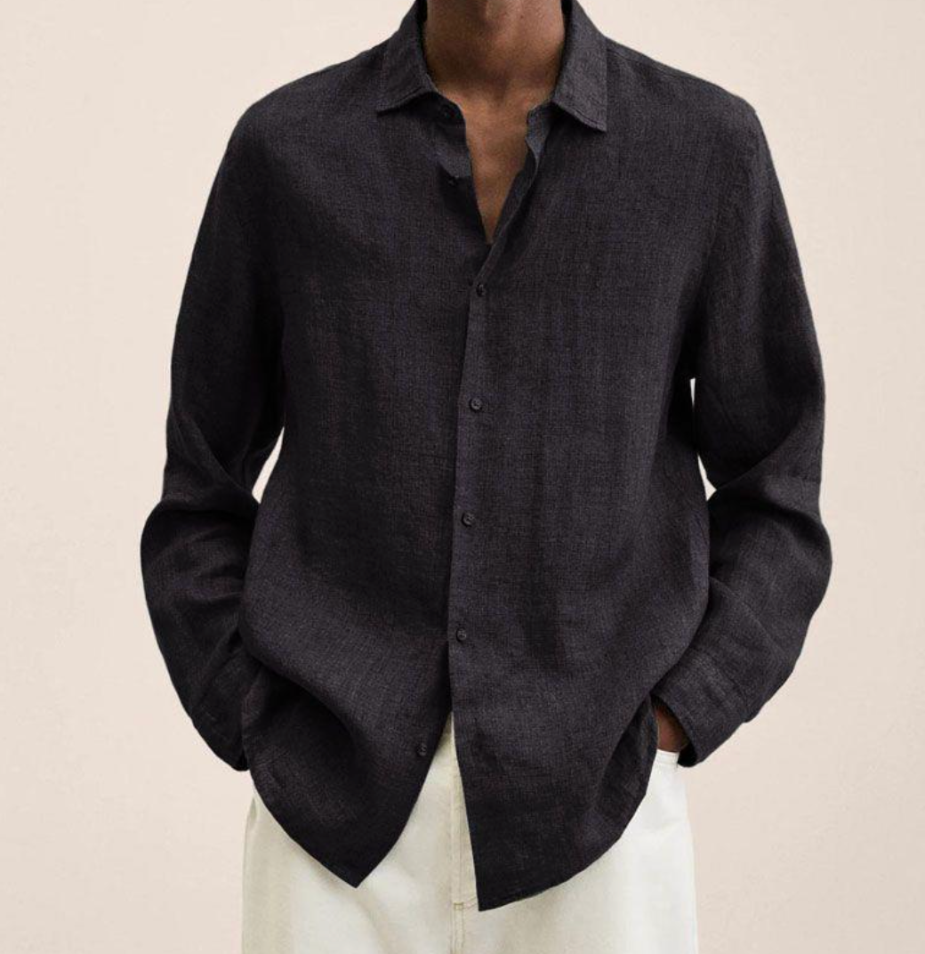Linen Shirt - Men's Loose Fit Long Sleeve Button-Up Shirt-Chaps of London-Black-M-Chaps of London