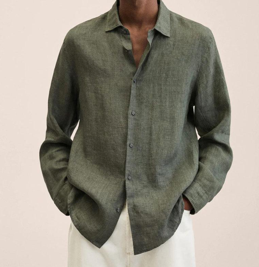 Linen Shirt - Men's Loose Fit Long Sleeve Button-Up Shirt-Chaps of London-Dark Green-M-Chaps of London