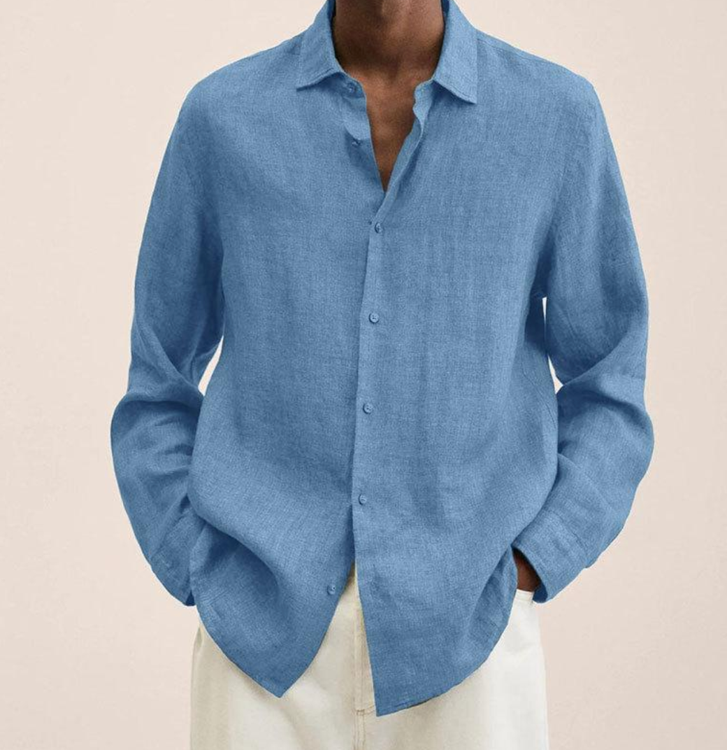 Linen Shirt - Men's Loose Fit Long Sleeve Button-Up Shirt-Chaps of London-Light Blue-M-Chaps of London